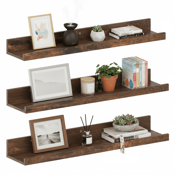 Floating Wall Shelves Set of 3, 24 inch Brown Mounted Storage Shelf for Kitchen, Home, Bedroom