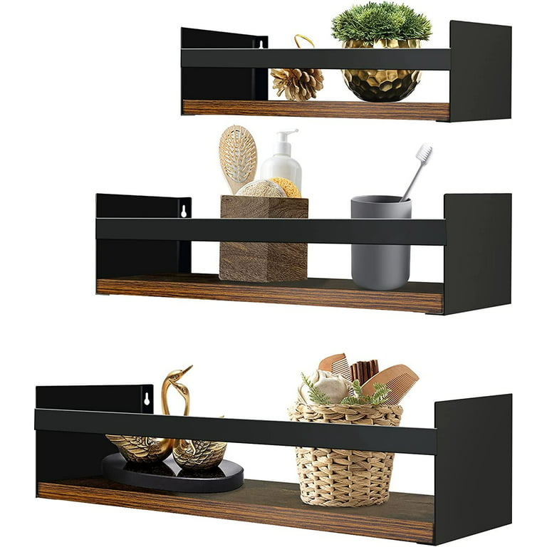 Floating Wall Shelves Set of 3 with Black Iron Rail, Wall Mount Storage  Shelf for Bathroom Kitchen Bedroom Plant Nursery Books Laundry