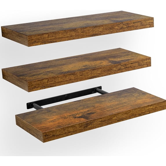 Floating Wall Shelves Set of 3 with Invisible Brackets, Rustic Brown Decor Shelves for Bathroom, Living Room, Bedroom, Kitchen Storage and Display