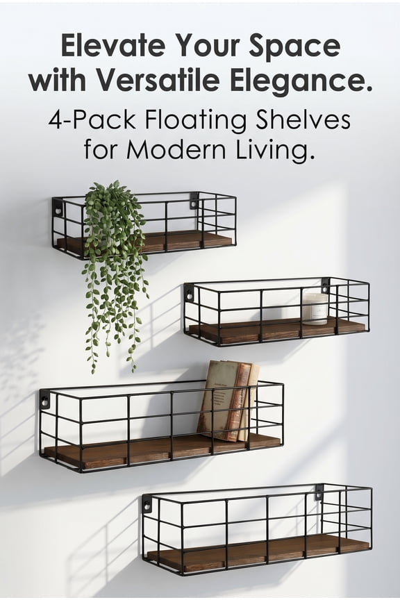 Floating Wall Shelves Set of 4, Hanging Storage Shelves Wall Mounted for Bathroom, Living Room, Bedroom, Kitchen (Paulownia Wood)