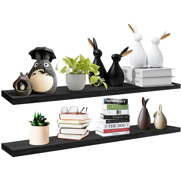 Floating Wall Shelves for Bedroom Bathroom Wall Mounted Solid Wood 36 Inches Long Shelf Set of 2, Black Floating Shelves