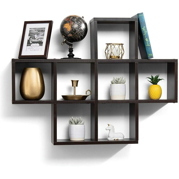 Floating Wall Shelves with 7 Square Cube Wall Shelves, 31" X 23" Brown Espresso Finish for Living Room or Bed room Home-it