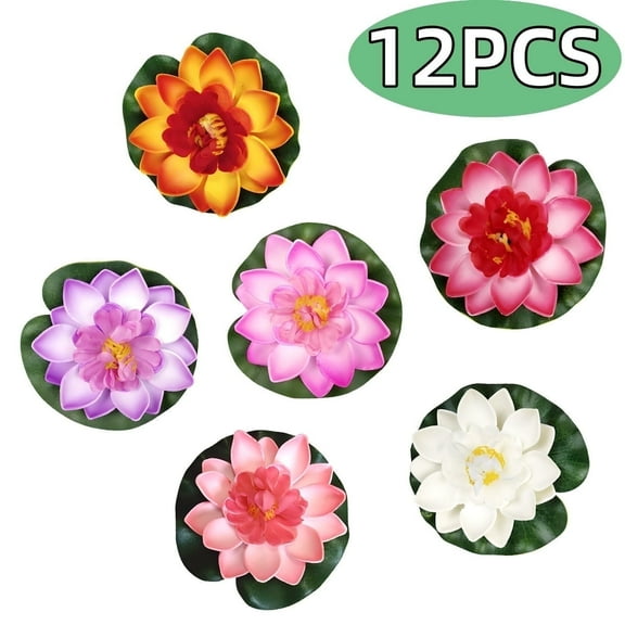 Floating Water Lillies Artificial Lotus Flower with Water Lily Pad Lifelike Artificial Foam Pond Plants Ornaments 12 Pcs