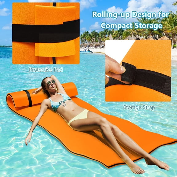 Floating Water Mat, Thick Swimming Foam Pad Hammock with Rolling Pillow Design, Portable 3-Layer Water Raft Mattress for Pool, Lake, Sea
