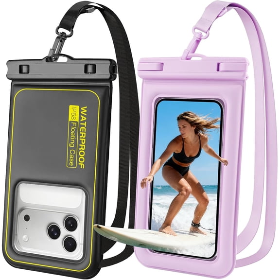 Floating Waterproof Phone Pouch 2 Pack, IP68 Waterproof Phone Case, Up to 8.3" Dry Bag for iPhone Samsung, Kayak/Beach/Cruise Travel Essentials, Black+Purple
