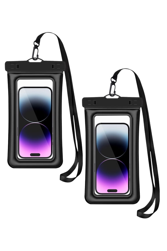 Floating Waterproof Phone Pouch (2-Pack), IPX8 Dry Bag with Built-in Airbag, Touch-Friendly Clear Case with Lanyard for Beach, Swimming, Kayaking & Cruise, Fits Phones up to 7.2" (Black-Pink)