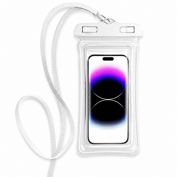 Floating Waterproof Phone Pouch with Airbag, High‑Clarity Sensitive Touch Screen Dry Bag, IPX8 Waterproof for Swimming Beach Rafting, Fits Smartphones up to 7.2 Inch with Lanyard, White