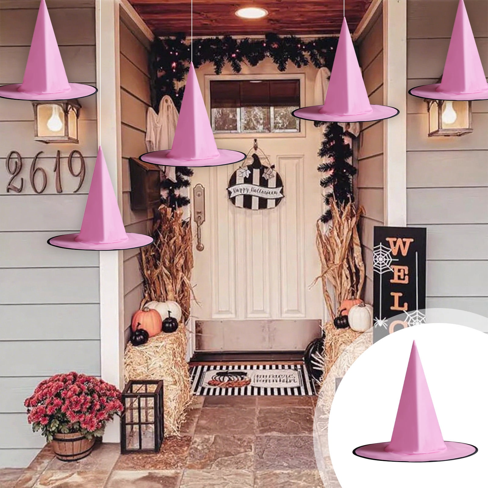 Floating Witch Hat Hanging Halloween Decoration Outdoor Polyester Fabric 14.96 Inch Lightweight P-INK Witch Hat with Rope
