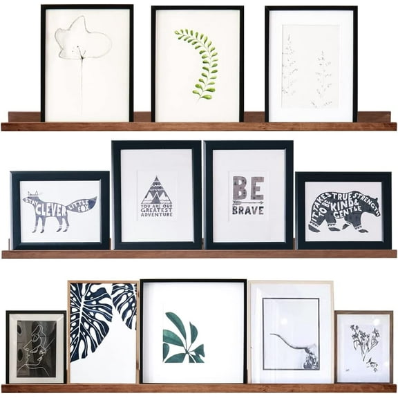 Floating Wood Wall Shelves Light Walnut 48 Inch Long Hanging Picture Photo Ledge Shelf Rustic Modern Narrow Shelves for Wall Decor Storage and Display Nursery Book Shelves a Set of 3