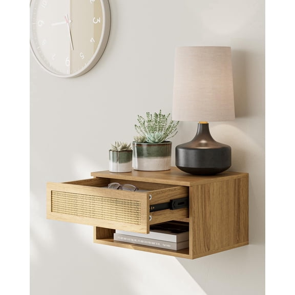 Floating bedside cabinet, oak rattan, compact modern floating bedside cabinet with drawer, for bedroom or bathroom, floating shelf unit