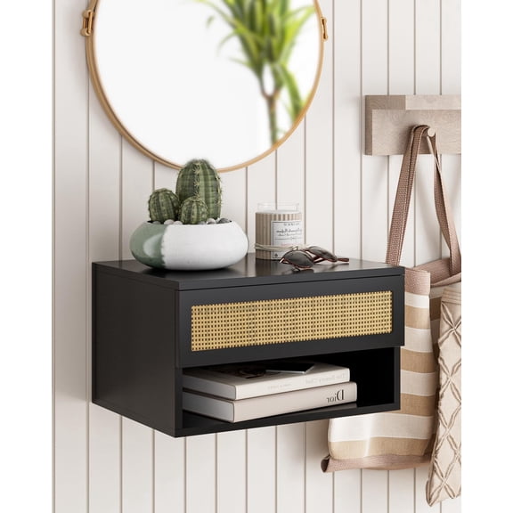Floating bedside cabinet, oak rattan, compact modern floating bedside cabinet with drawer, for bedroom or bathroom, floating shelf unit