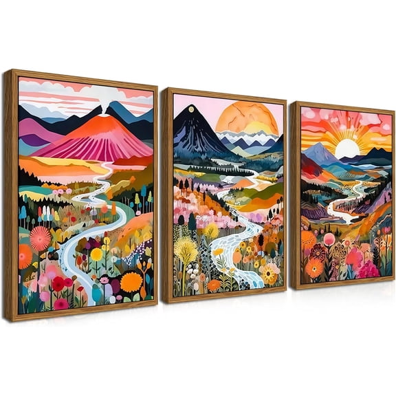Floating d Boho Colorful Mountain Wall Art Set of 3, Vintage Wildflower Landscape Canvas Wall Decor Paintings, Nature Floral Forest Posters Pictures Prints for Living Room Bedroom 12x16 Inch