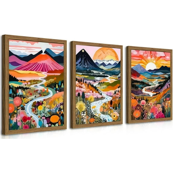 Floating d Boho Colorful Mountain Wall Art Set of 3, Vintage Wildflower Landscape Canvas Wall Decor Paintings, Nature Floral Forest Posters Pictures Prints for Living Room Bedroom 12x16 Inch