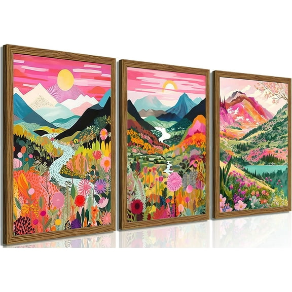 Floating d Boho Colorful Mountain Wall Art Set of 3, Vintage Wildflower Landscape Canvas Wall Decor Paintings, Nature Floral Forest Posters Pictures Prints for Living Room Bedroom 12x16 Inch
