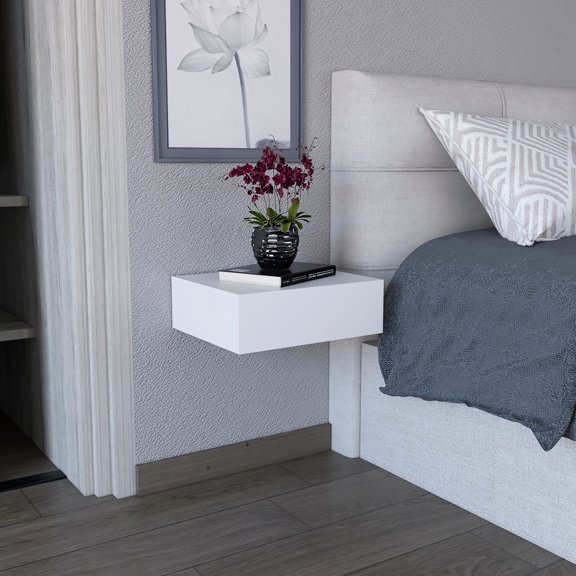 Floating side table, perfect for nighttime needs / Maximize room area and provide storage
