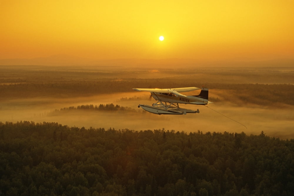 Floatplane Flying Sunset Matanuska Valley Sc Ak Summer Canvas Art - Jeff Schultz Design Pics (34 x 22)