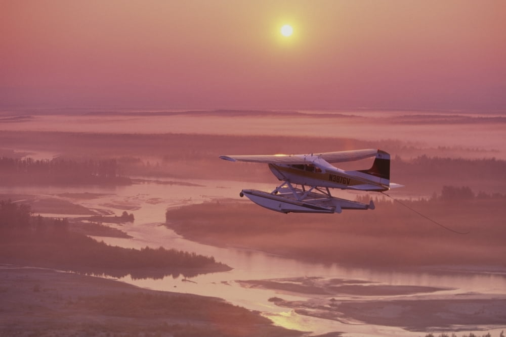 Floatplane Flying Sunset Matanuska Valley Sc Ak Summer Canvas Art - Jeff Schultz Design Pics (34 x 22)