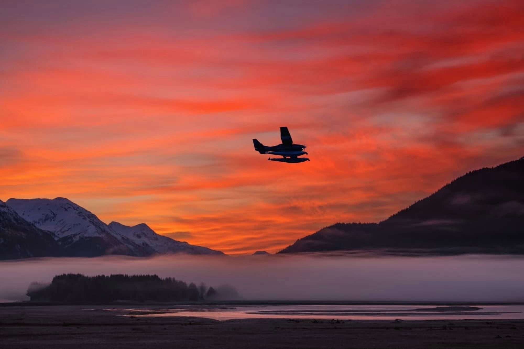 Floatplane takes off from Juneau as the fog begins to clear at sunrise Southeast Alaska Canvas Art - John Hyde Design Pics (19 x 12)