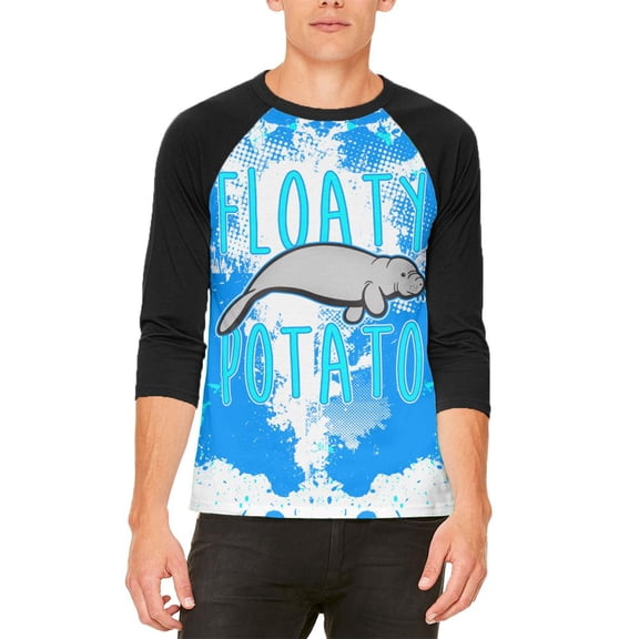 Floaty Potato Manatee Funny Grunge Splatter Mens Raglan T Shirt White-Black SM