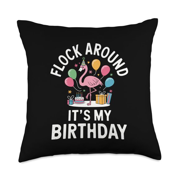 Flock Around It's My Birthday Flamingo Throw Pillow Y101