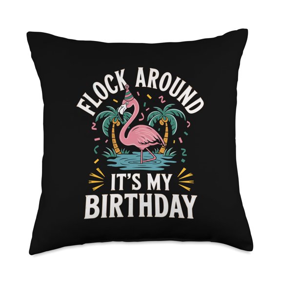 Flock Around It's My Birthday Flamingo Throw Pillow Y101