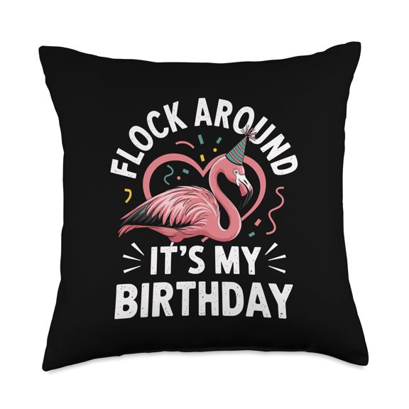 Flock Around It's My Birthday Flamingo Throw Pillow Y101