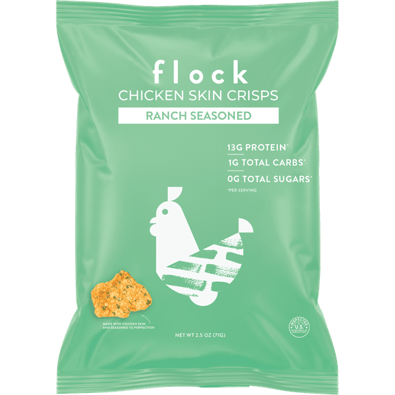 Flock Chicken Skin Crisps Ranch Snack Chips 2.5 oz in Recyclable Material