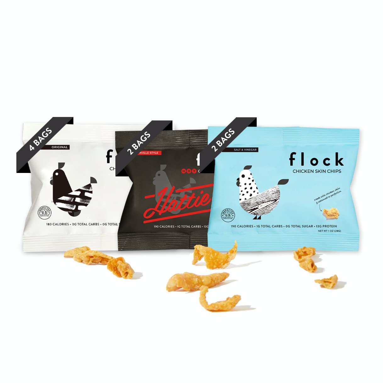 Flock Keto Chicken Skin Chips Variety (1oz) 8Pack of Original, Salt and Vinegar & Hattie B's