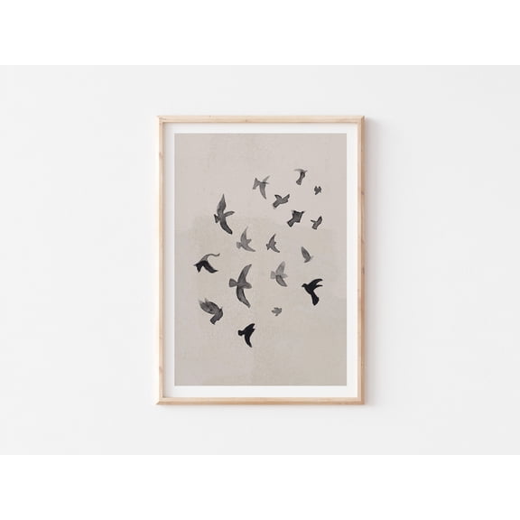 Flock Of Birds Print, Abstract Wall Art, Minimalist Bird Wall Decor, Beige And Black Poster,, Unframed Poster Size 12x18 F03.1.14l1504