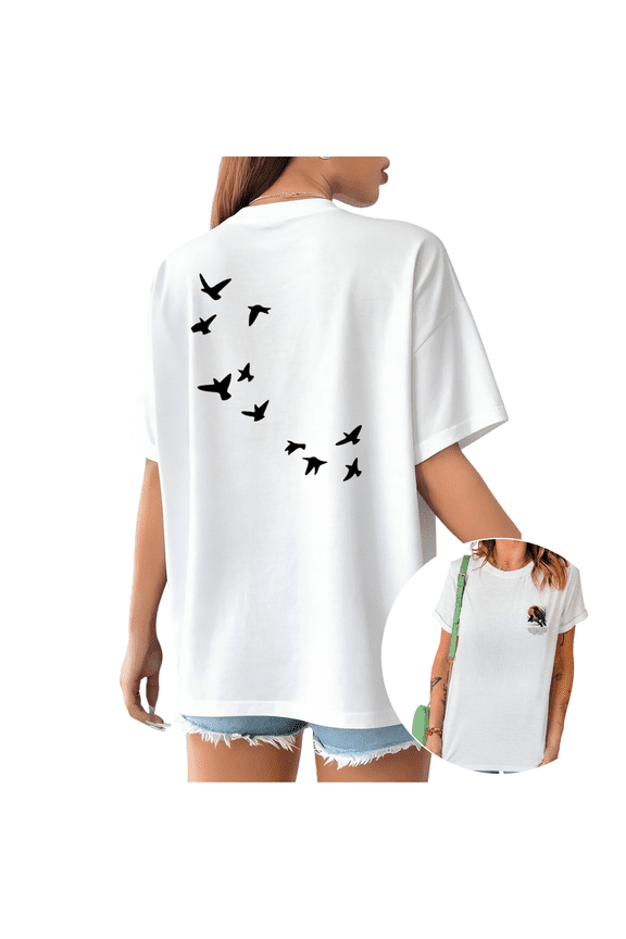 Flock Of Birds Silhouette Back Print Tshirt White S-5XL Minimalist Free Spirit Graphic Tees Shirts Tops