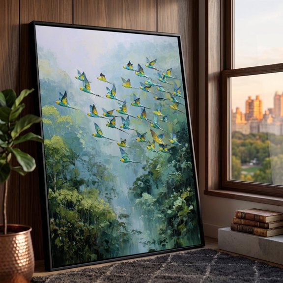 Flock Of Parrots Flying Over Misty Forest Tropical Birds Art Nature Wall Art Jungle Scene Art Vibrant Wildlife Print