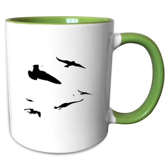 3drose, Flock of Seagulls Scavenging Black Silhouette, 15oz Two-tone Green Mug