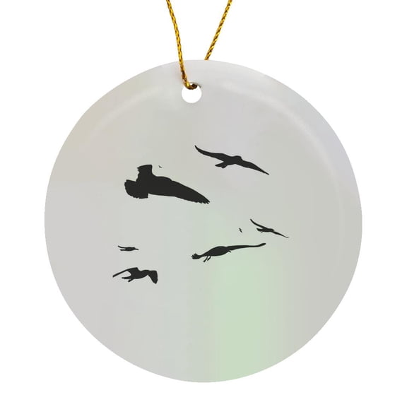 3drose, Flock of Seagulls Scavenging Black Silhouette, Circle Porcelain Ornament