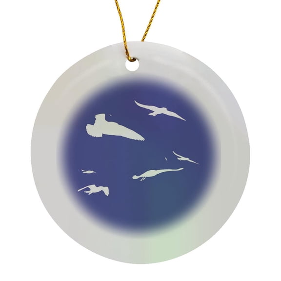 3drose, Flock of Seagulls Scavenging White Silhouette, Circle Porcelain Ornament