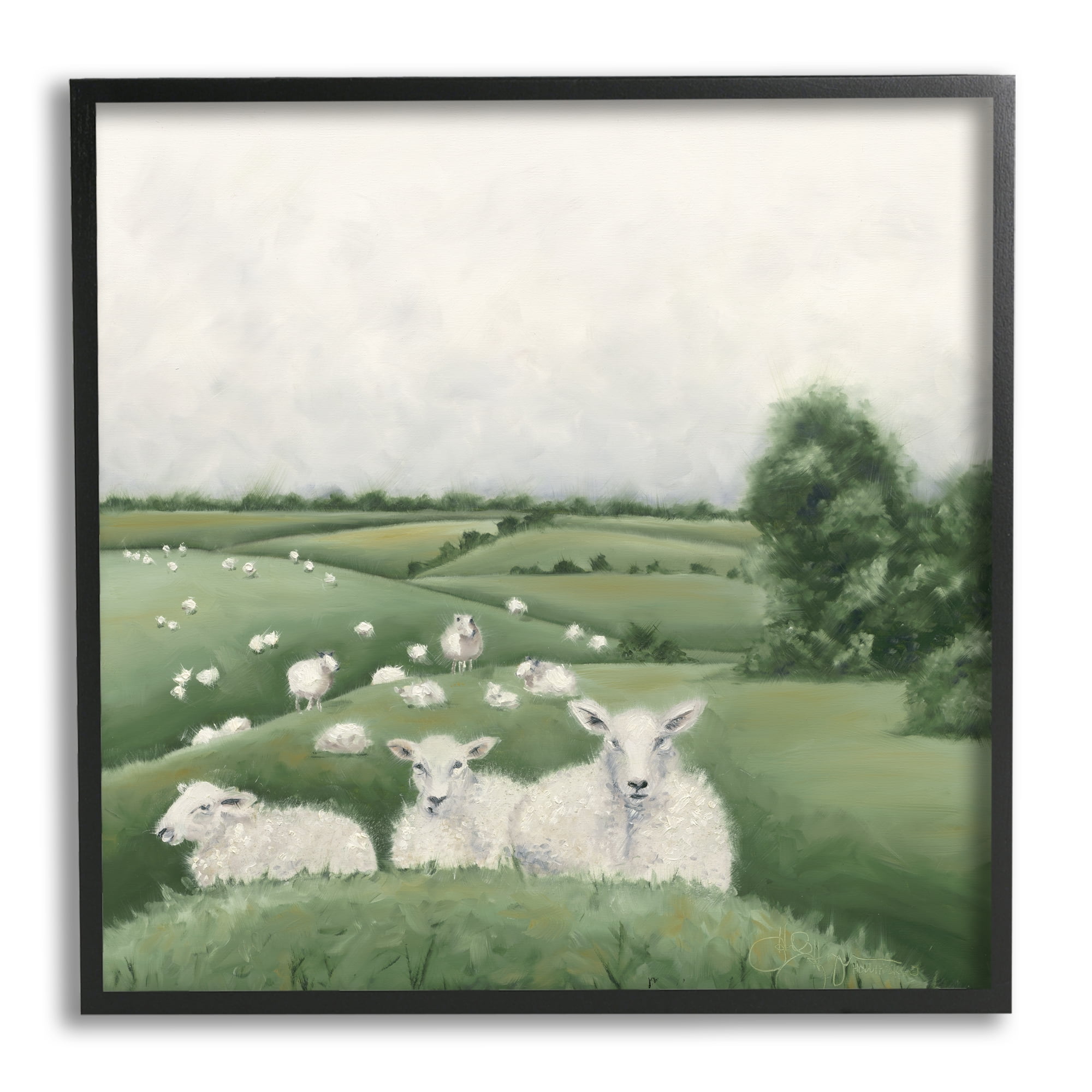 Flock Of Sheep in Green Rolling Hills Illustration Animals & Insects Framed Art Print Wall Art, 17x17