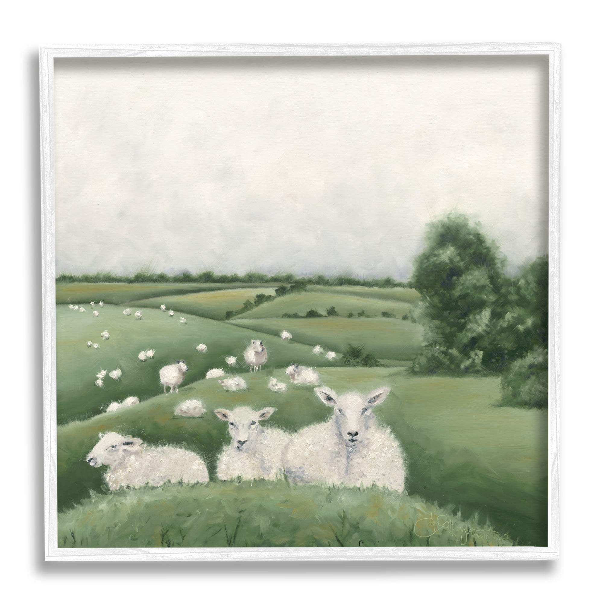 Flock Of Sheep in Green Rolling Hills Illustration Animals & Insects Framed Art Print Wall Art, 17x17