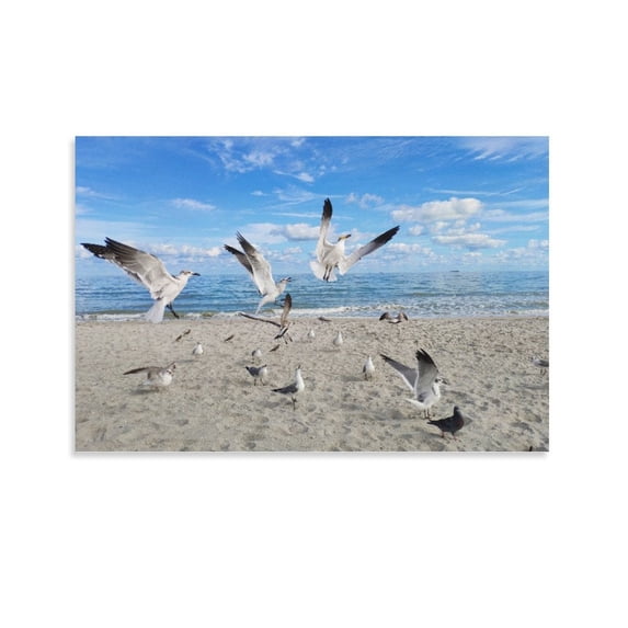 A Flock Of Seagulls Flying And Standing On The Beach Canvas Art Poster ...