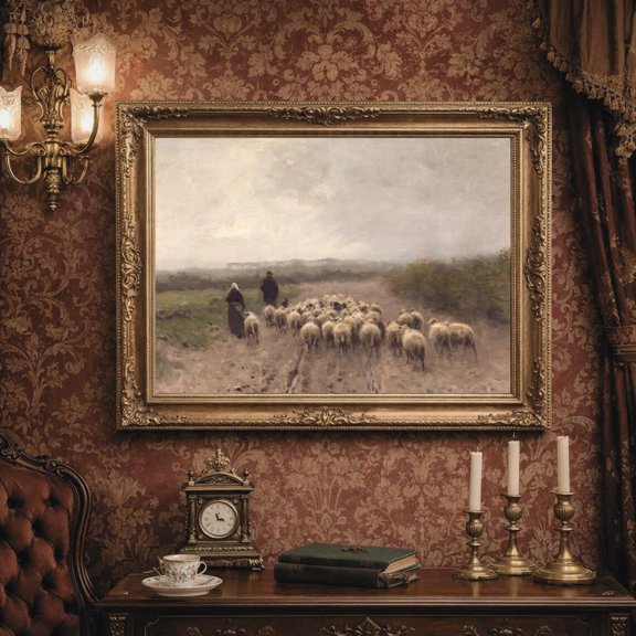 Flock Sheep Farmhouse Landscape Rustic Landscape Wall Art Decor Unframed Paper Print
