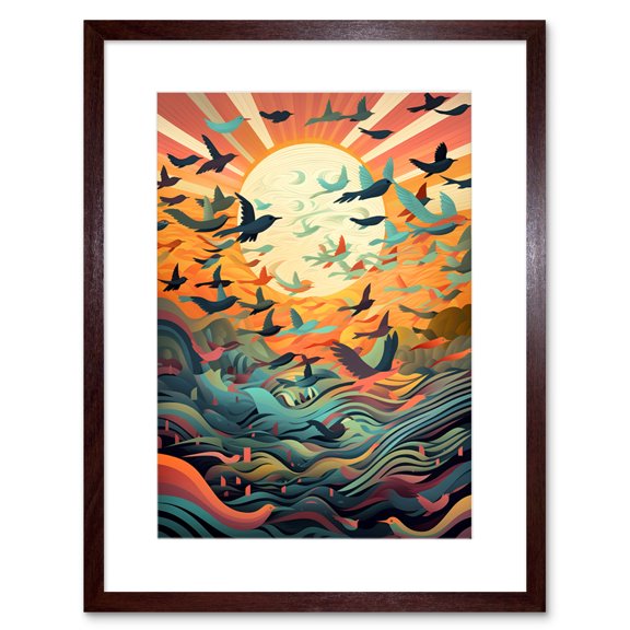 Flock of Birds Flying at Sunrise Modern Folk Art Artwork Framed Wall Art Print 9X7 Inch