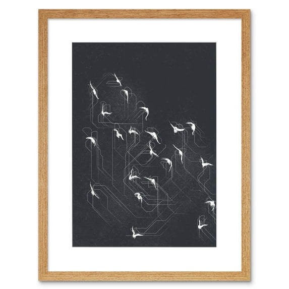 Flock of Birds Silhouette Lines Artwork Framed Wall Art Print 9X7 Inch