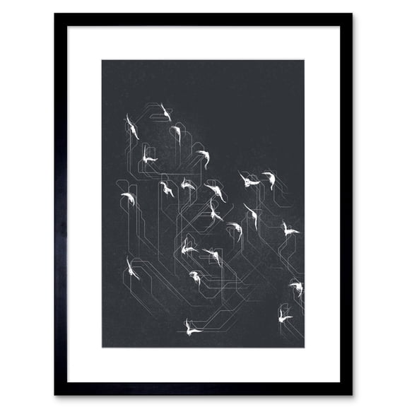Flock of Birds Silhouette Lines Artwork Framed Wall Art Print 9X7 Inch