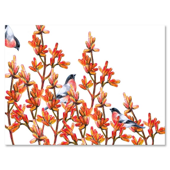Flock of Bullfinches Birds Sitting on Orange Branches 40 in x 30 in Painting Canvas Art Print, by Designart