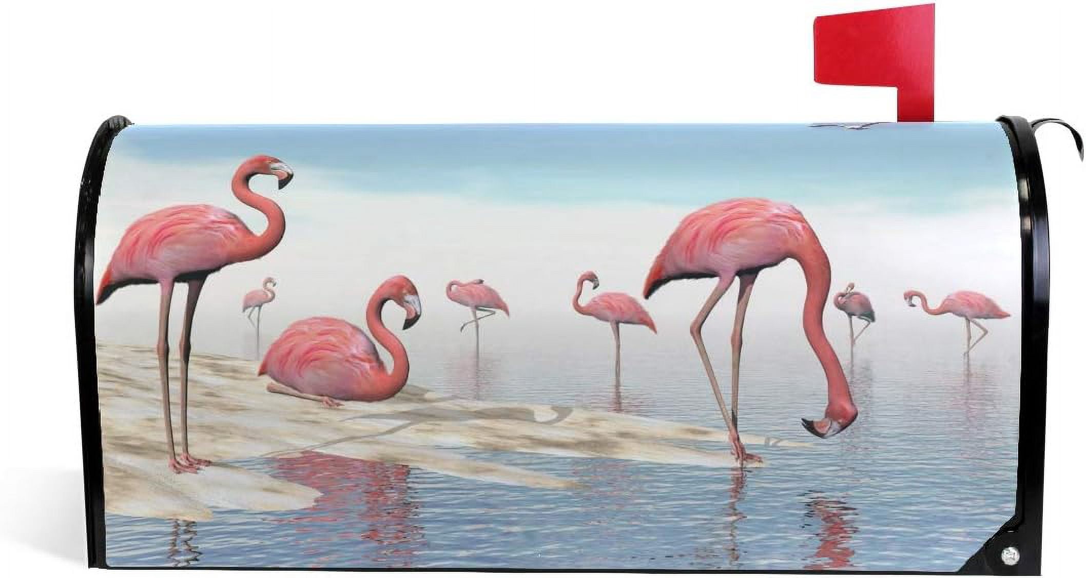 Flock of Pink Flamingos at The Beach Magnetic Mailbox Cover MailWraps Garden Yard Home Decor for Outside Oversized-25.5" x20.8"