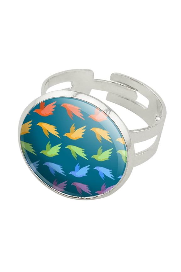 Flock of Rainbow Birds Flying in Pattern Silver Plated Adjustable Novelty Ring