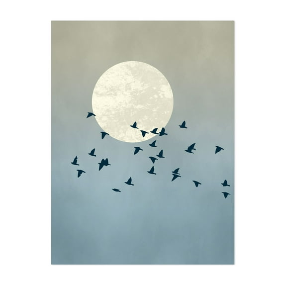 Flock of birds at full moon - Illustration Moon Minimalist Nature Abstract Scenic Unframed Wall Art Print 16 x 20 inches