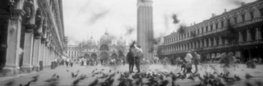 Flock of pigeons flying St Marks Square Venice Italy Canvas Art - Panoramic Images (18 x 6)