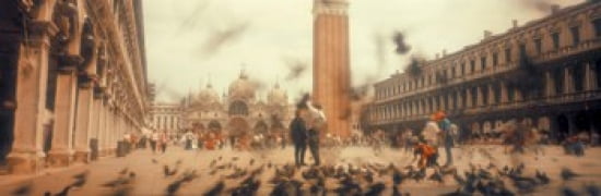 Flock of pigeons flying St Marks Square Venice Italy Canvas Art - Panoramic Images (36 x 12)