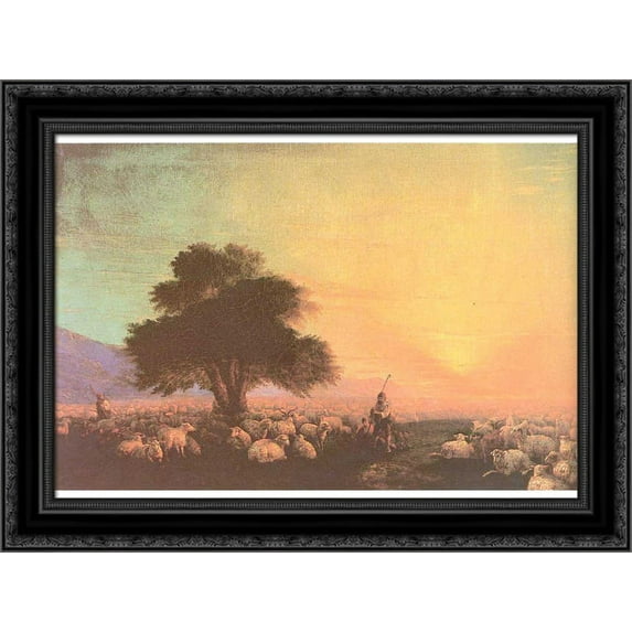 Flock of sheep with herdsmen unset 24x19 Black Ornate Wood Framed Canvas Art by Aivazovsky, Ivan