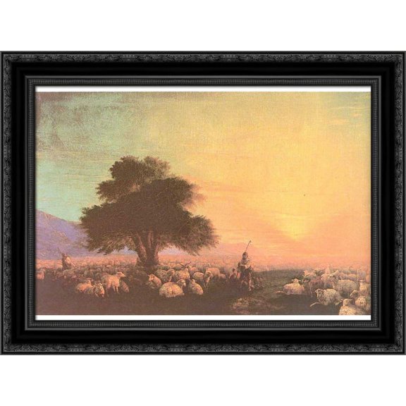 Flock of sheep with herdsmen unset 24x19 Black Ornate Wood Framed Canvas Art by Aivazovsky, Ivan