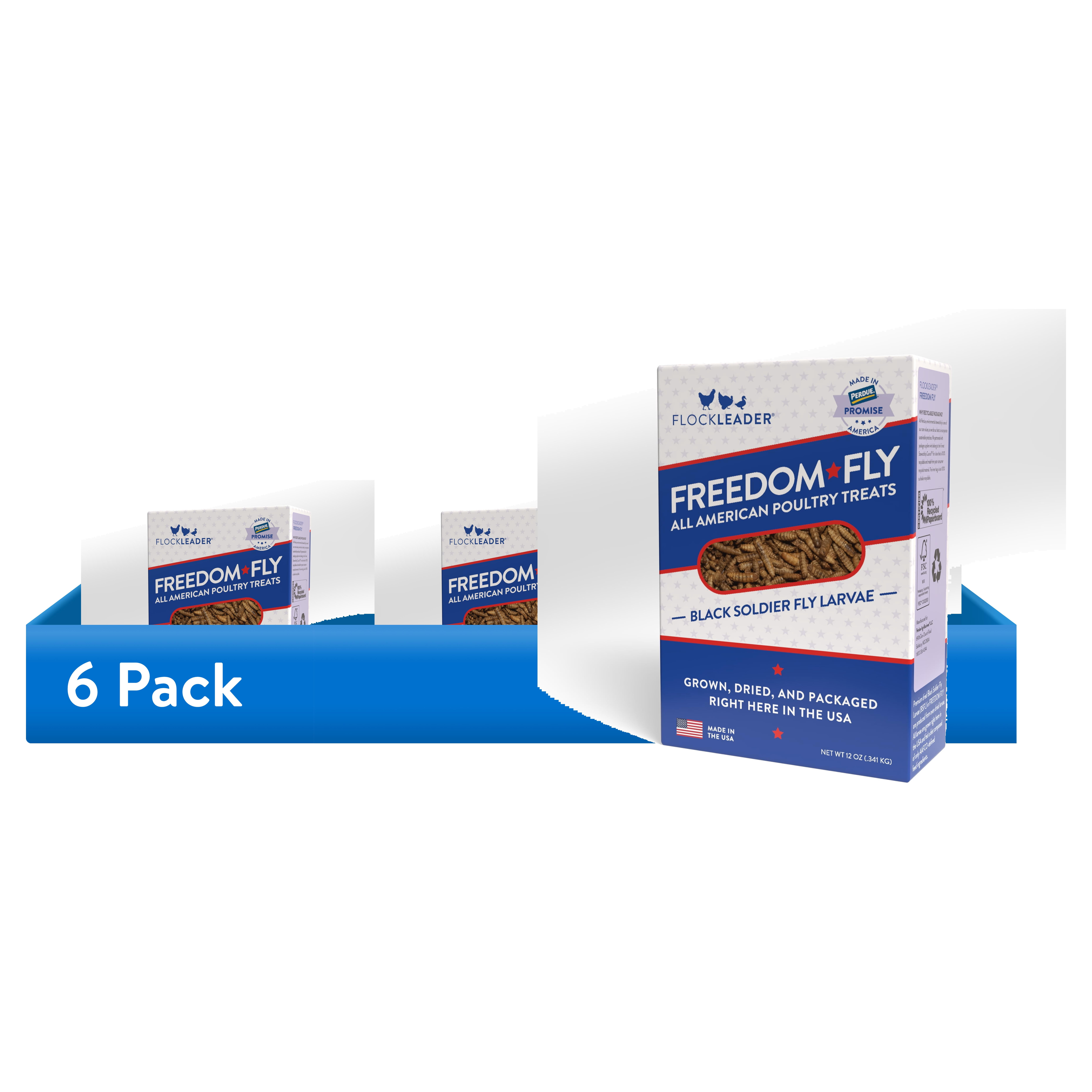 (6 pack) FlockLeader Freedom Fly, All American Dried Black Soldier Fly Larvae Poultry Treats, 12 Ounces